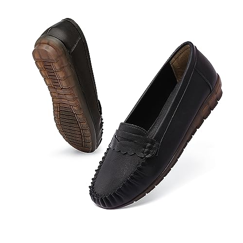 Wuyaraymia Loafers für Frauen Leder Das Laufwerk Ohne Schnürsenkel Weich Gummi Schuh Schwarz 40 EU von Wuyaraymia