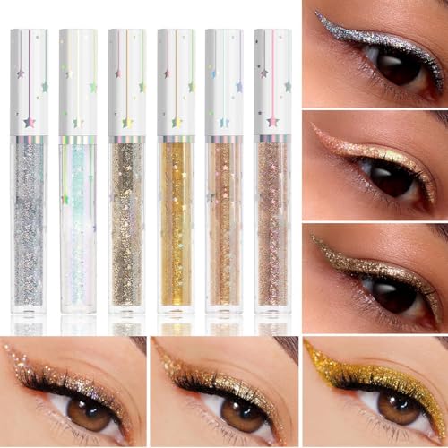 Wuyooprt Flüssige Glitzer-Eyeliner,Glitzer-Eyeliner-Flüssigkeit, Wasserfestes 6-Farben-Eyeliner-Stift-Augen-Make-up-Set, Langlebiger, hochpigmentierter Farb-Eyeliner, glitzernder Eyeliner-Stift für von Wuyooprt