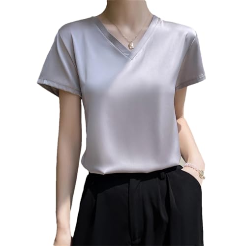 Damen Sommer V-Ausschnitt Basic Solid Casual T-Shirts Kurzarm Tees Tops Satin Seide Blusen Elegante Shirts, silber, XXX-Large von Wvapzxx