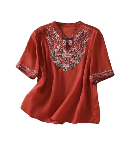 Damen Stickerei Baumwolle Leinen Bluse Sommer Literarisch Chinesischer Stil Disc Button Cheongsam Shirt, claret, XXX-Large von Wvapzxx