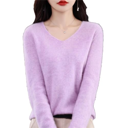 Damen Wollpullover Herbst Winter Strickpullover V-Ausschnitt Lose Solide Weiche Strickwaren Pullover, Clip Blumen Lila, M von Wvapzxx