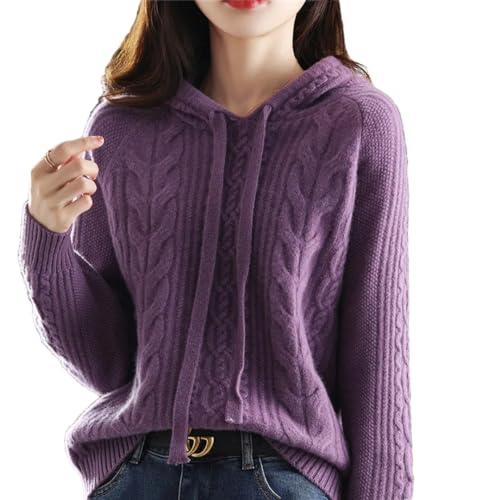 Wvapzxx Damen 100% Kaschmir Pullover Winter Kapuzenpullover Kragen Strickpullover Dicker Langarm Twist Strick Hoodie, violett, M von Wvapzxx