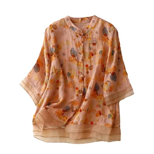 Wvapzxx Damen 3/4 Ärmel Druck Shirts Sommer Leinen Patchwork Literarische Blusen Tops, Orange, 48 von Wvapzxx