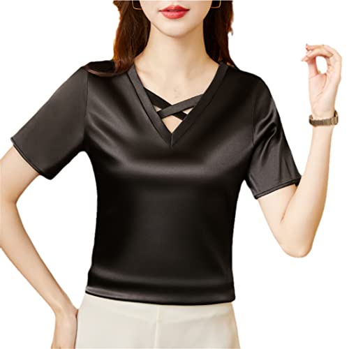 Wvapzxx Damen Elegante V-Ausschnitt Kurzarm Satin Bluse Sommer Lose Seide Shirts Top, Schwarz , XXXXL von Wvapzxx