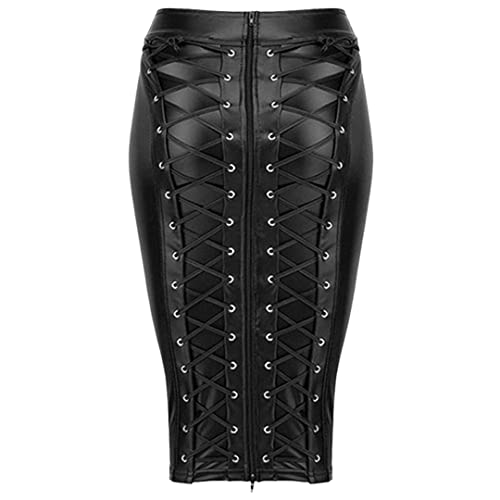 Wvapzxx Damen Knielang Wetlook Stretch Schwarz PU Leder Rock Rücken Schnürung Reißverschluss Bandage Bodycon Röcke, Schwarz , 40 von Wvapzxx