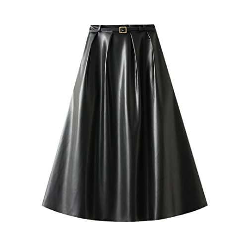 Wvapzxx Damen Kunstleder Rock mit Gürtel Hohe Taille Rücken Elastische Seitliche Reißverschlusstaschen Plissee Midiröcke Herbst, Schwarz , Einheitsgröße von Wvapzxx