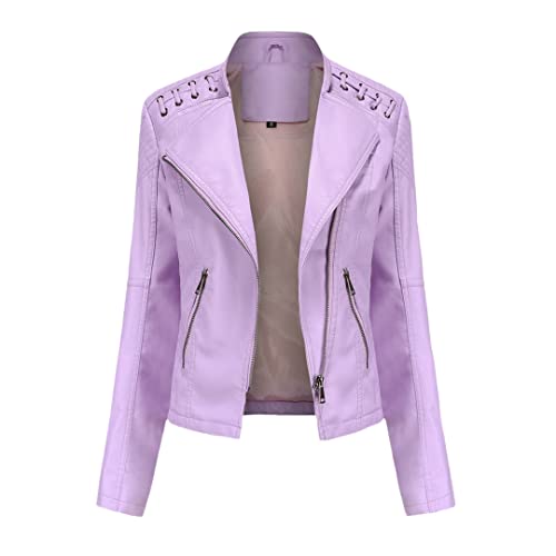 Wvapzxx Damen Lederjacke Frühling Moto Biker Reißverschluss Jacke Herbst Mantel Kaffee Schwarz Rot Motorradjacke, rosa / purpur, 42 von Wvapzxx