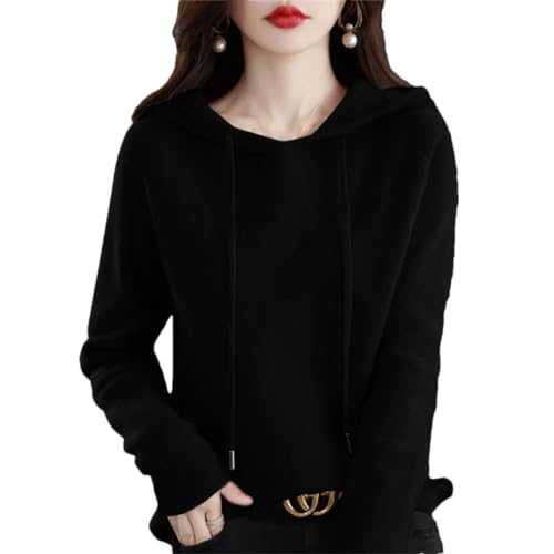Wvapzxx Damen-Pullover aus Merinowolle, 100 % Wolle, für Herbst und Winter, einfarbig, Kaschmir-Strickpullover mit Kapuze, Schwarz , XX-Large von Wvapzxx
