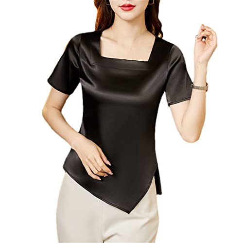 Wvapzxx Damen Quadratischer Ausschnitt Seide Satin Kurzarm Shirt Unregelmäßig Casual Pullover Bluse Tops, Schwarz , XXXXL von Wvapzxx