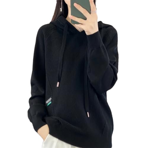 Wvapzxx Herbst Winter Verdickte Strick-Kaschmir-Kapuzenpullover Damen Lose Kapuze Strickjacke Dicker Pullover Oberbekleidung, Schwarz , XL von Wvapzxx