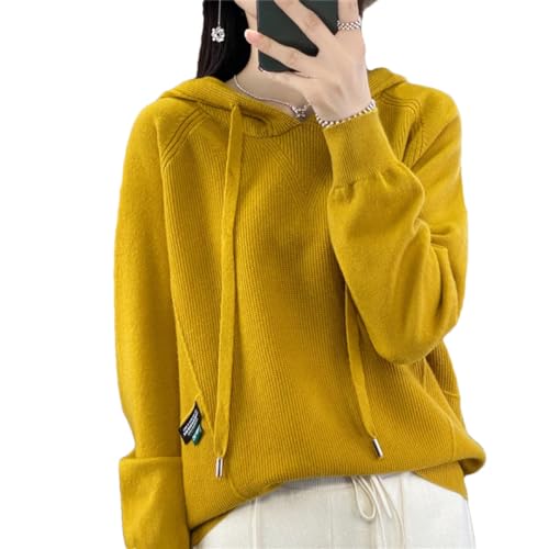 Wvapzxx Herbst Winter Verdickte Strick-Kaschmir-Kapuzenpullover Damen Lose Kapuze Strickjacke Dicker Pullover Oberbekleidung, gelb, 38 von Wvapzxx