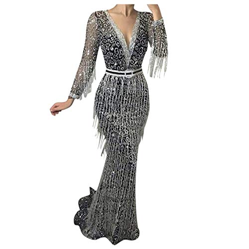 Wwan Damen Pailletten Fransenkleid Abendkleid Mit Tiefem V-Ausschnitt Und Langen Ärmeln Wickelkleid Damen Langarm Abendkleid Lang Glitzerkleid Damen Partykleid Cocktailkleider Elegant von Wwan