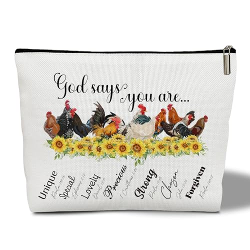 Kosmetiktasche mit Bibelversen für Frauen, "God Says You Are Make-up-Tasche, Huhn-Thema, Geschenk für christliche Hühnerliebhaber, Bauerin, Mutter, Oma, Freundin, Kulturbeutel, Reise-Organizer-Tasche von WwongxianB