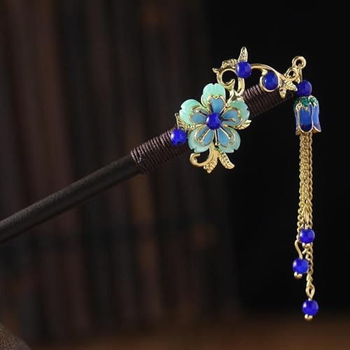 Retro Holz Haarnadel Blau Blume Haarstab mit Quaste Handgemachte Vintage Haarschmuck für Frauen Mädchen 2 Stück Haarspangen Geschenk von Wwyan
