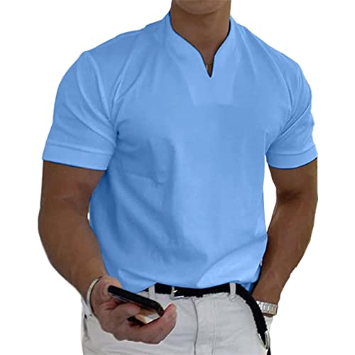 Wxgreats 2022 Men Gentlemans Business Short Sleeve Fitness T Shirt, V-Neck Men's Business Casual Shirt, One Piece Can Suit Many Occasions (M, Blue) von Wxgreats