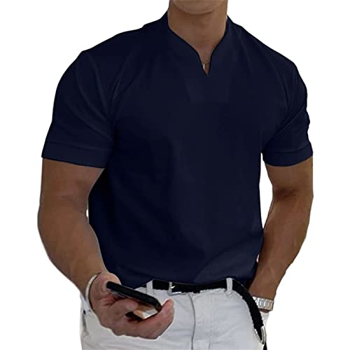 Wxgreats 2022 Men Gentlemans Business Short Sleeve Fitness T Shirt, V-Neck Men's Business Casual Shirt, One Piece Can Suit Many Occasions (XXL, Navy) von Wxgreats