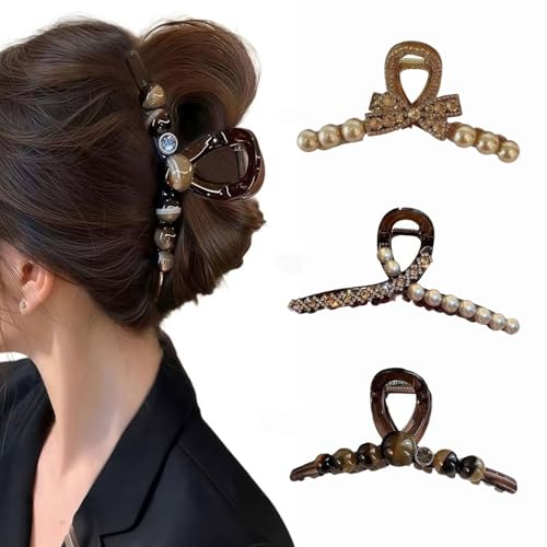 Perlen Haarspangen Damen,3 Stück Mode Vintage Haar Pins Spangen Clips Große Haarklammer Perlen Haarspangen für Damen Mädchen Rutschfeste Haarklammer Haarspangen für Dickes Haar und Dünnes Haar von Wxinsheng
