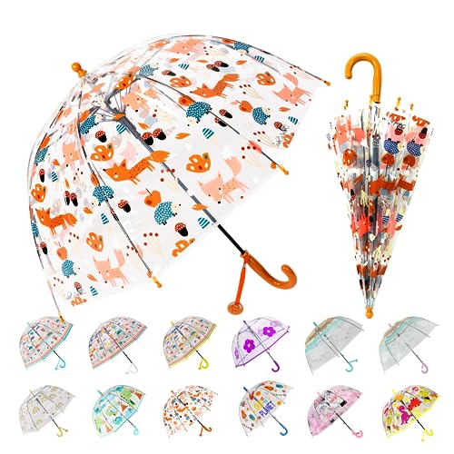 Wxjiahetai Kinder-Regenschirm, transparent, kuppelförmig, durchsichtig, Kinderschirme für Jungen, Mädchen, mit klemmsicherem Verschluss und leicht zu greifendem Hakengriff (klarer Fuchs) von Wxjiahetai