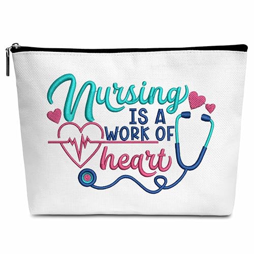 Kosmetiktasche für Krankenschwestern, mit Aufschrift "Nursing Is Work of Heart", gefälschte bestickte Stethoskop-Kosmetiktasche, inspirierendes Ruhestandsgeschenk für Frauen, Krankenschwestern, Ärzte, von Wybgno