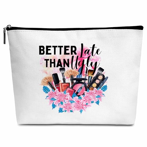 Kosmetiktasche mit lustigem Zitat "Better Late Than Ugly", Geschenk für Frau, Mutter, Tochter, beste Kollegin, B30, Weiss/opulenter Garten von Wybgno