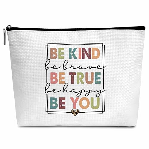 Motivierendes Geschenk, Boho-Make-up-Tasche, "Be Kind Be True Be You" Kosmetiktasche, Geschenke für Frau, Mutter, Tochter, beste Kollegin, Schwester, B13, Weiss/opulenter Garten von Wybgno