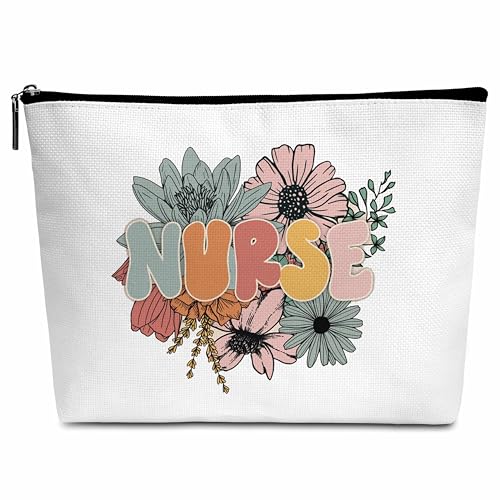 Wybgno Krankenschwestergeschenk, Krankenschwester-Make-up-Tasche, Blumenstrauß, Kosmetiktasche, Geschenk, Weihnachten, Ruhestand, Geburtstag, Geschenke für Frau, Tante - B33, Weiss/opulenter Garten von Wybgno