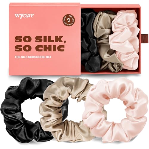 Wycare Haargummis aus 100 % Seide, sanft zum Haar, Maulbeerseide, Haargummis für Damen, luxuriöse Schlafbänder für lockiges Haar (3er-Set, Rouge) von Wycare