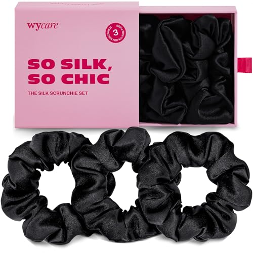 Wycare Haargummis aus 100 % Seide, sanft zum Haar, Maulbeerseide, Haargummis für Damen, luxuriöse Schlafbänder für lockiges Haar (3 Stück, schwarz) von Wycare