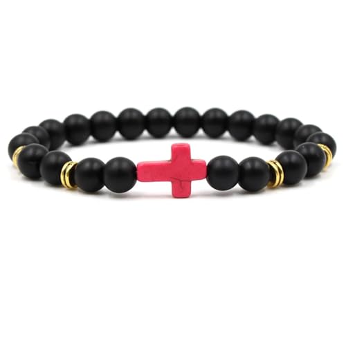 Bracelet Women, Armband mit Kreuz Gold Perlen Glas Rosenrot Metalllegierung Kreuzen 19cmx8mm Elastisch 1er Naturstein für Geburtstag von Wycian