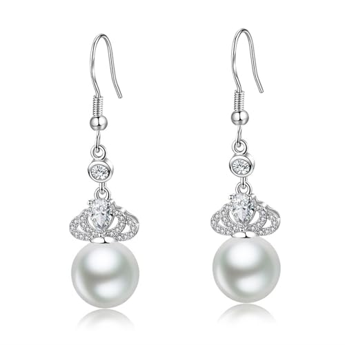 Damen Ohrringe, Earrings Silver Zirkonia Krone mit Weißer Perle 52X12mm für Abschlussball Schmuck von Wycian