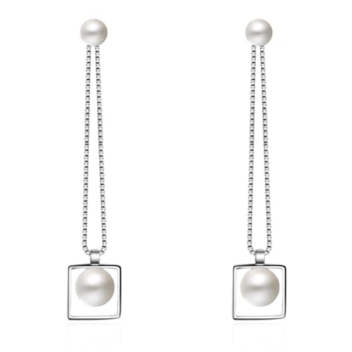 Damen Ohrringe, Ohrringe Silber Versilbert Quadratischer Anhänger mit Perle 65mm für Vatertag Schmuck von Wycian