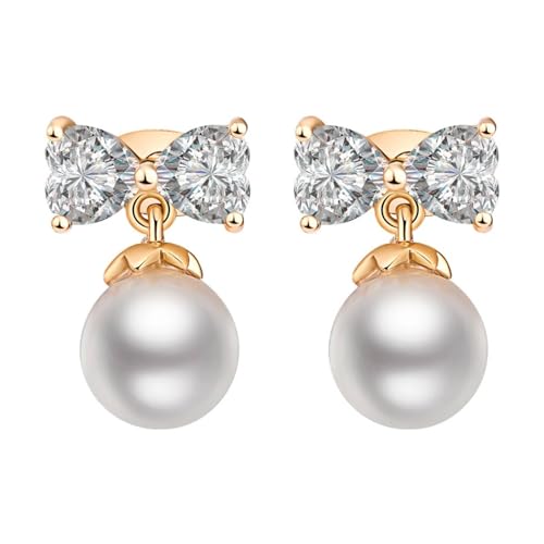 Damen Ohrringe Hängend, Ohrringe Hängend Stein Gold Schleife Zirkonia mit Perle 10X22mm für Muttertag Schmuck von Wycian