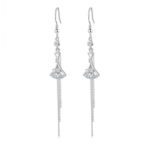 Damen Ohrringe Modeschmuck, Ohrringe Hängend Stein Versilbert Gewellte Tropfen mit Zirkonia 88X13mm für Jubiläum Schmuck von Wycian