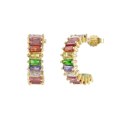 Damen Ohrringe Urlaub, Ohrringe Gold Stecker S925 Sterling Silber C-Form mit Buntem Trapezförmigem Zirkonia 15X4mm für Jubiläum Schmuck Damen Ohrringe Urlaub, Ohrringe Gold Stecker S925 Sterling Silber C-Form mit Buntem Trapezförmigem Zirkonia 15X4mm für Jubiläum Schmuck von Wycian