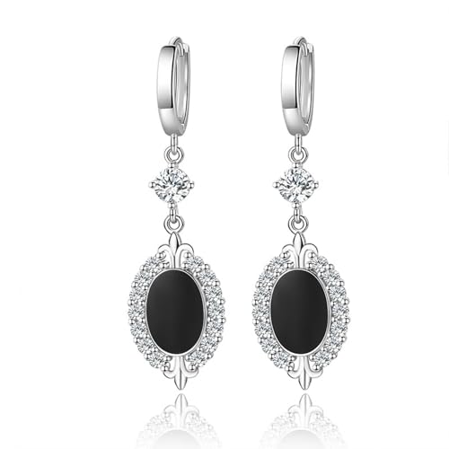 Earrings For Women, Zirkonia Ohrringe Hängend Schwarz Versilbert Runde Spitze mit Eingelegten Steinen 47X13mm für Damen Engagement Schmuck von Wycian