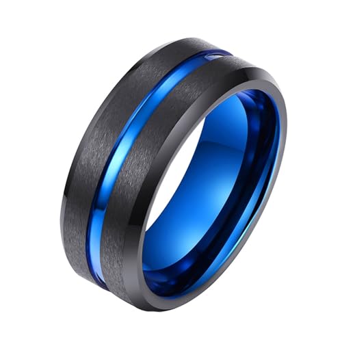 Ehering Damen Einzeln, Wolfram Ring Frauen Schwarz Blau Größe 49 (15.6) Matt Gebürstete 8mm Polierte Rille Anpassbar für Frau Neujahr von Wycian