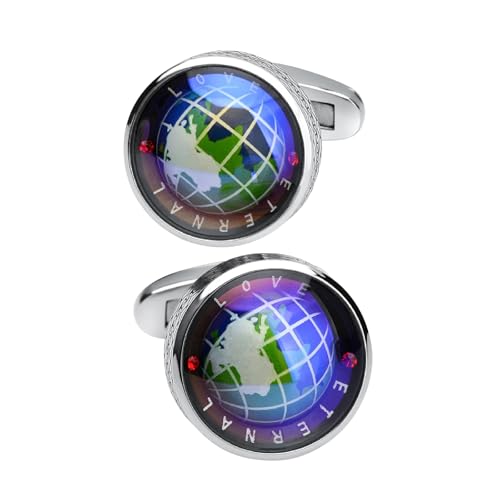 Manschettenknöpfe Herren Personalisiert Manchettenknoepfe Herren Blau Versilbert Rotierender erdglobus 1.7X1.7cm für Herren Père Fils Valentinstag von Wycian