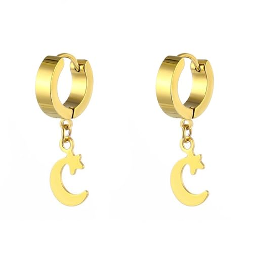 Ohrringe Damen Cool, Ohrringe Gold Creolen Edelstahl Kreis mit Mondstern-Anhänger 9X4mm für Hochzeit Schmuck von Wycian