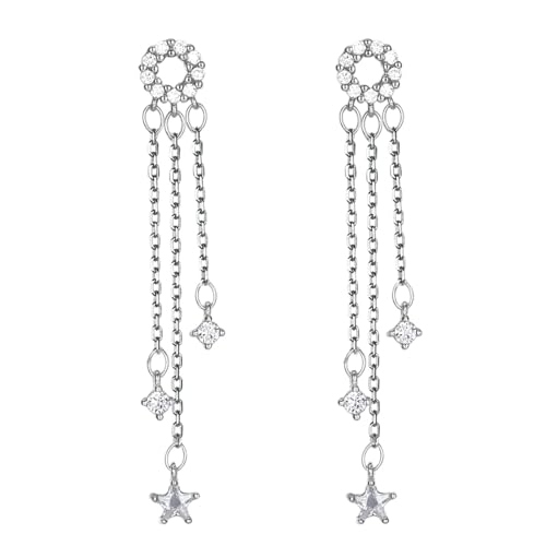 Ohrringe Damen Cool, Ohrringe Silber 925 Hängend Zirkonia Pentagramm Quastenanhänger 7X58mm für Muttertag Schmuck von Wycian