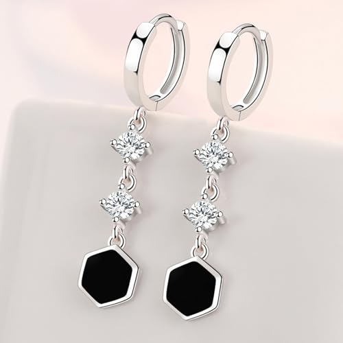 Ohrringe Damen Hängend Modeschmuck, Zirkonia Ohrringe Hängend Schwarz Versilbert Zwei Zirkone und Ein Sechseck 42X9mm für Hochzeit Schmuck von Wycian