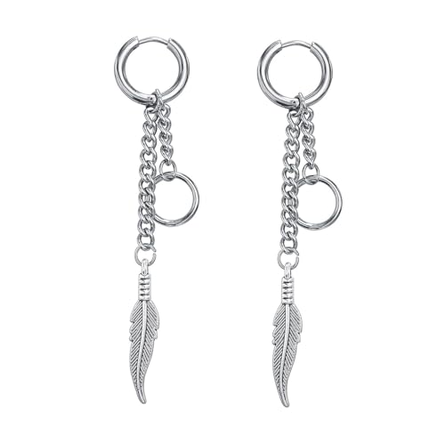 Ohrringe Damen Kleine Creolen, Silber Ohrringe Creolen Edelstahl mit Kette und Feder für Abschlussball Schmuck von Wycian