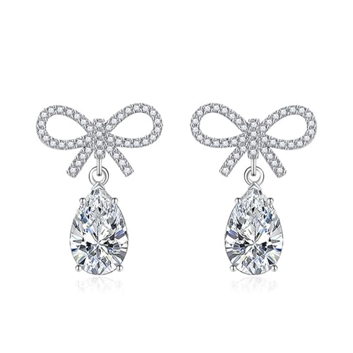 Ohrringe Damen Set, Ohrstecker Weiß S925 Sterling Silber Legierung Süße Schleife mit Tropfenförmigen Zirkonen 24X17.6mm für Muttertag Schmuck von Wycian