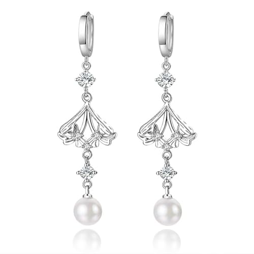 Ohrringe Hängend, Zirkonia Ohrringe Hängend Versilbert Glockenblumen und Kunstperlen 65X8mm für Damen Engagement Schmuck von Wycian