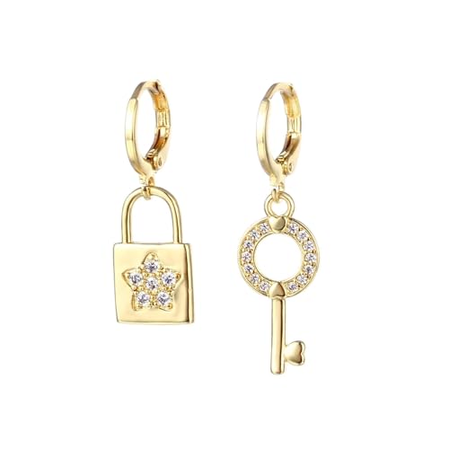 Ohrringe Hängend Cute, Ohrringe Hängend Vergoldet Weiß Zirkonia Asymmetrische Schlüssel und Schlösser für Damen Jubiläum Schmuck von Wycian