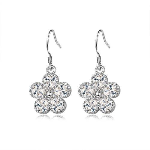 Ohrringe Hängend Damen, Ohrringe Hängend Stein Versilbert Blume mit Zirkonia 21X13mm für Engagement Schmuck von Wycian