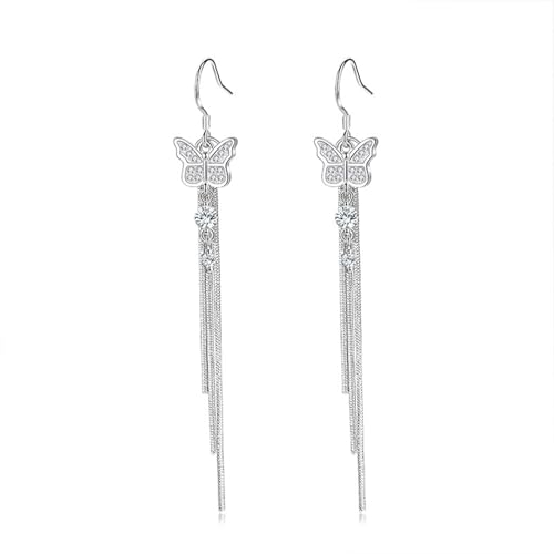 Ohrringe Hängend Damen, Zirkonia Ohrringe Hängend Versilbert Schmetterlingstropfen mit Quaste und Zirkonia 80X11mm für Engagement Schmuck von Wycian