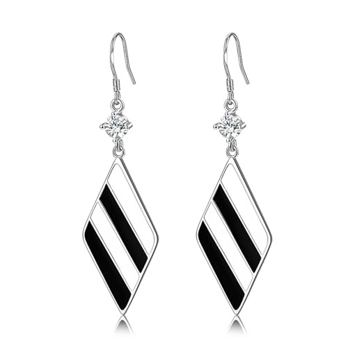 Ohrringe Hängend Hochzeit, Damen Ohrringe Weiss Schwarz-Weiße Raute 60X17mm für Neujahr Schmuck von Wycian