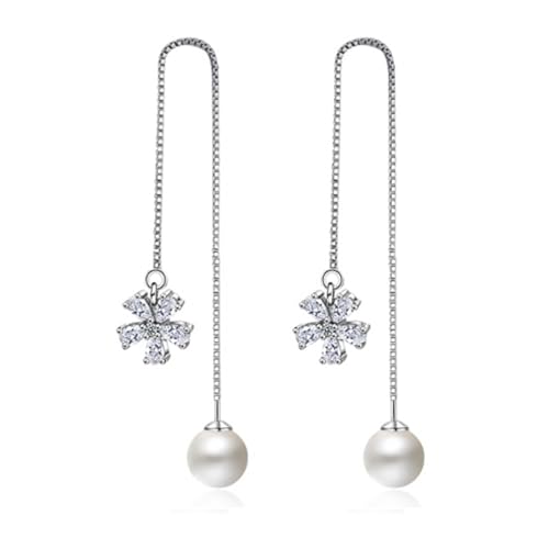 Ohrringe Hängend Modern, Zirkonia Ohrringe Hängend Versilbert Blumen und Perlen für Damen Valentinstag Schmuck von Wycian