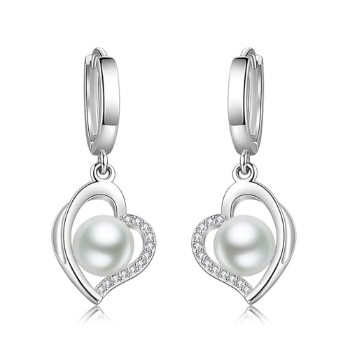 Ohrringe Hochzeit, Silber Creolen Versilbert Perle Hohlherz 33X13.2mm für Damen Geburtstag Schmuck von Wycian
