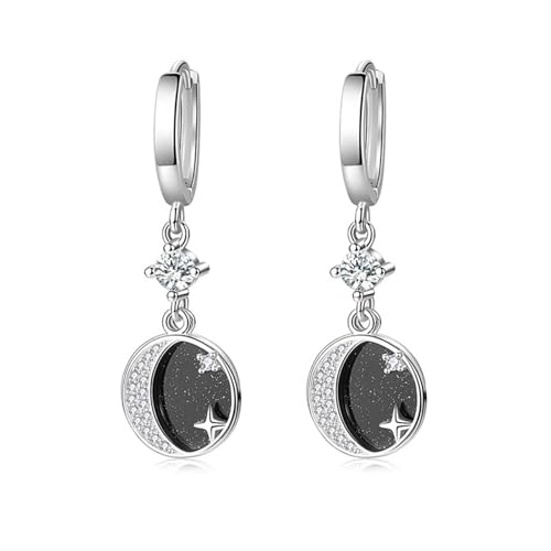 Ohrringe Set, Zirkonia Ohrringe Hängend Schwarz Versilbert Stern und Mond 38X12mm für Damen Muttertag Schmuck Ohrringe Set, Zirkonia Ohrringe Hängend Schwarz Versilbert Stern und Mond 38X12mm für Damen Muttertag Schmuck von Wycian